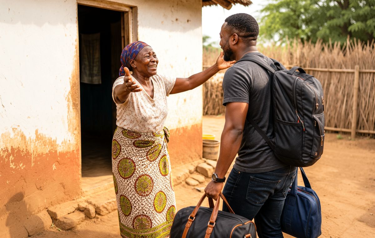 A young man with luggage being warmly welcomed home by an elder